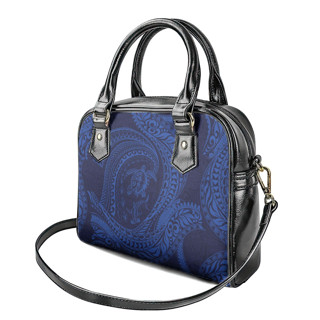 Hawaiian Turtle and Shark Shoulder Handbag Kakau Tribal with Polynesian Pattern Blue Color