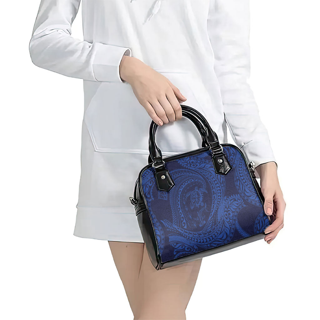 Hawaiian Turtle and Shark Shoulder Handbag Kakau Tribal with Polynesian Pattern Blue Color