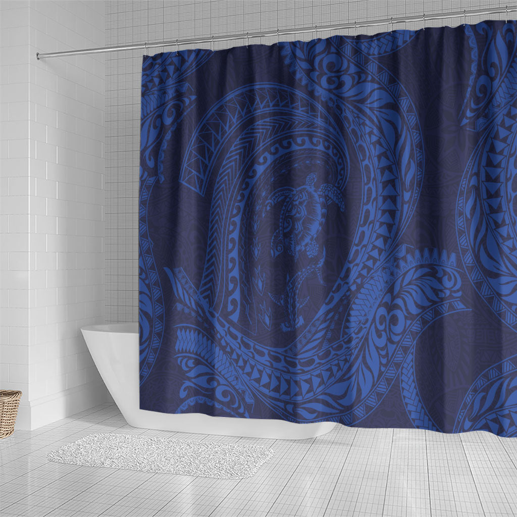 Hawaiian Turtle and Shark Shower Curtain Kakau Tribal with Polynesian Pattern Blue Color