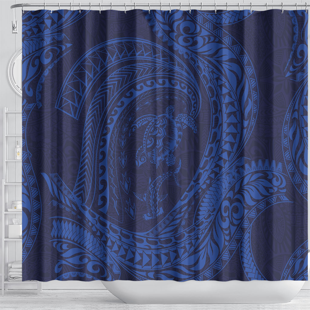 Hawaiian Turtle and Shark Shower Curtain Kakau Tribal with Polynesian Pattern Blue Color