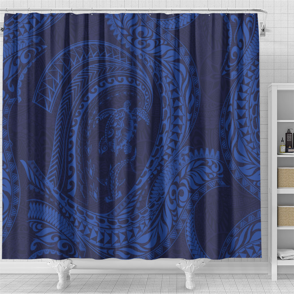 Hawaiian Turtle and Shark Shower Curtain Kakau Tribal with Polynesian Pattern Blue Color
