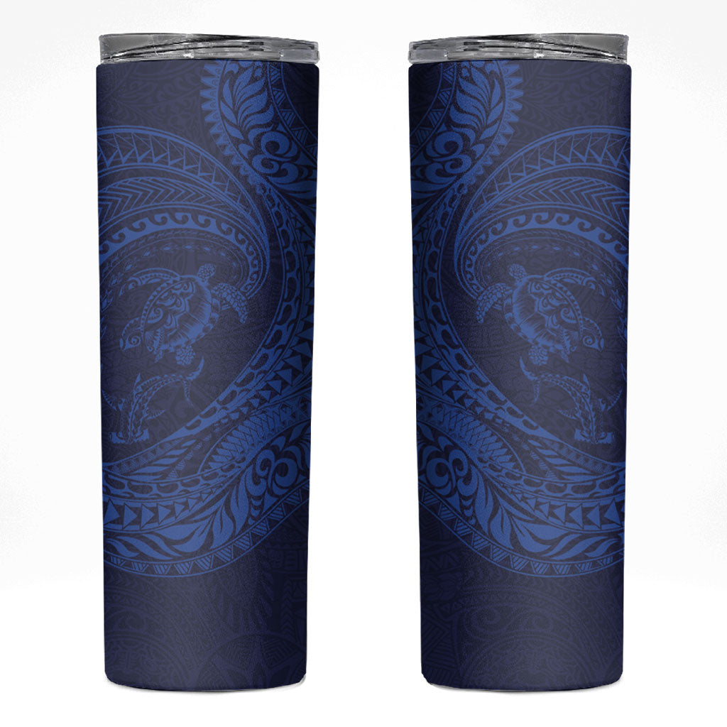 Hawaiian Turtle and Shark Skinny Tumbler Kakau Tribal with Polynesian Pattern Blue Color