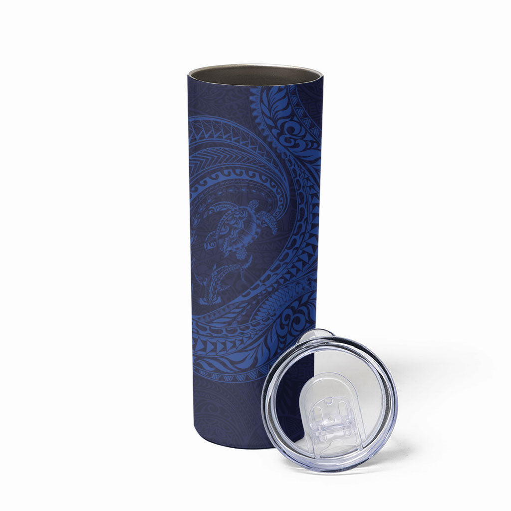 Hawaiian Turtle and Shark Skinny Tumbler Kakau Tribal with Polynesian Pattern Blue Color