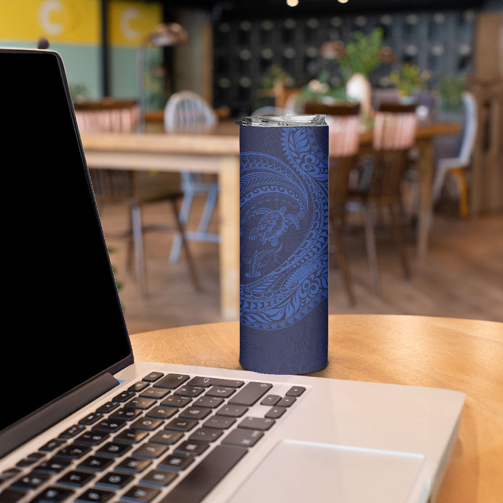 Hawaiian Turtle and Shark Skinny Tumbler Kakau Tribal with Polynesian Pattern Blue Color