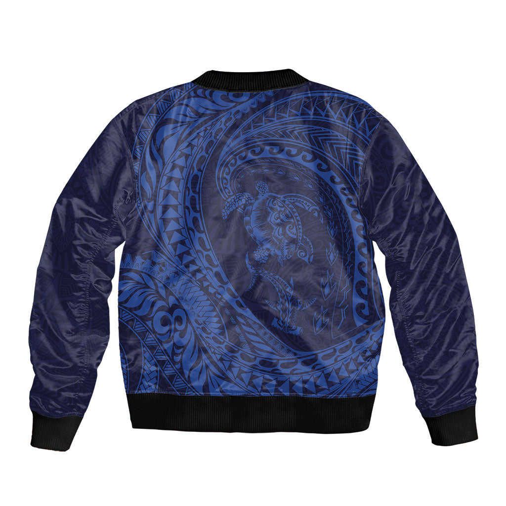 Hawaiian Turtle and Shark Sleeve Zip Bomber Jacket Kakau Tribal with Polynesian Pattern Blue Color