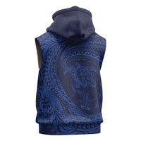 Hawaiian Turtle and Shark Sleeveless Hoodie Kakau Tribal with Polynesian Pattern Blue Color