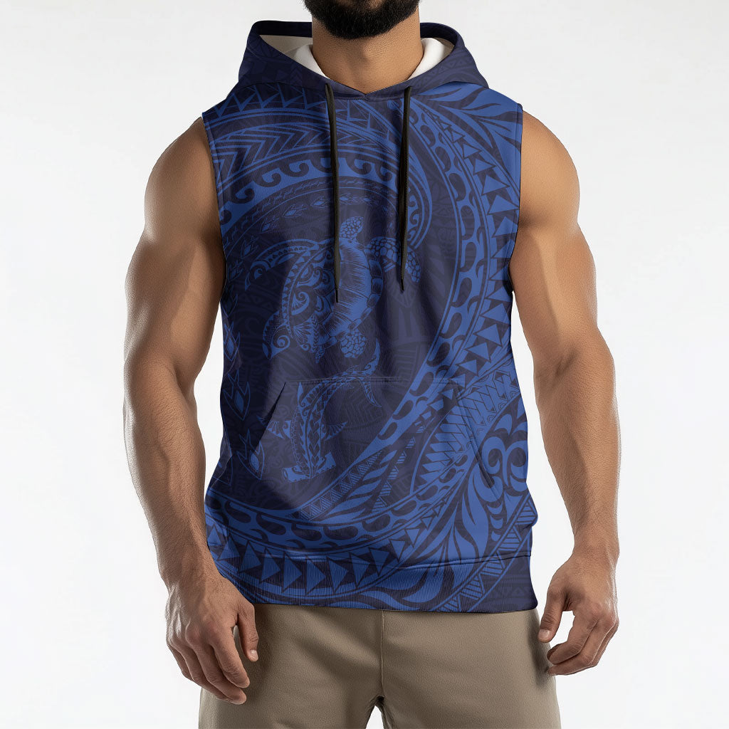 Hawaiian Turtle and Shark Sleeveless Hoodie Kakau Tribal with Polynesian Pattern Blue Color