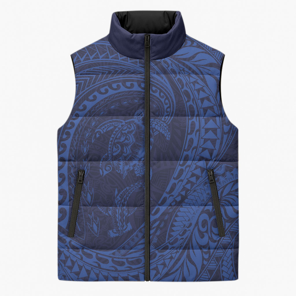 Hawaiian Turtle and Shark Sleeveless Puffer Jacket Kakau Tribal with Polynesian Pattern Blue Color