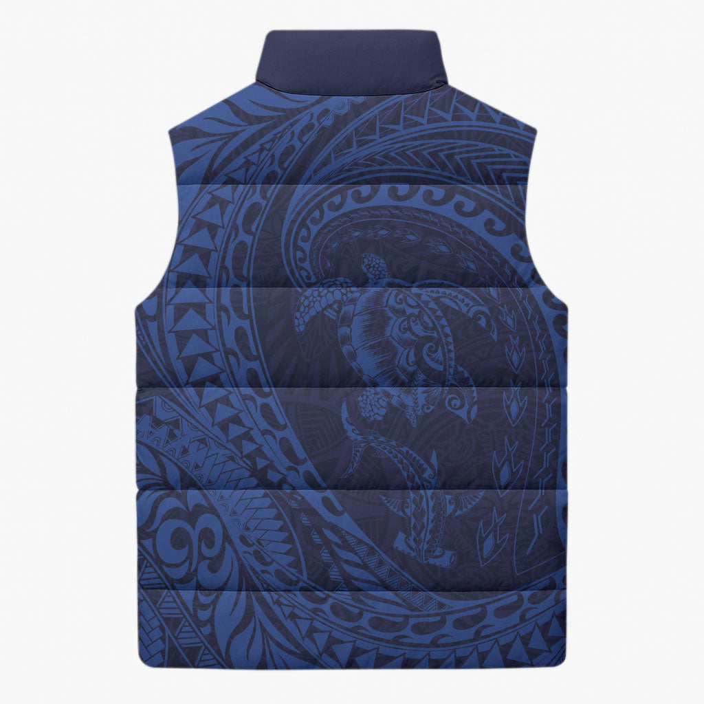Hawaiian Turtle and Shark Sleeveless Puffer Jacket Kakau Tribal with Polynesian Pattern Blue Color