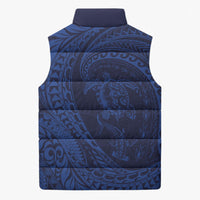 Hawaiian Turtle and Shark Sleeveless Puffer Jacket Kakau Tribal with Polynesian Pattern Blue Color
