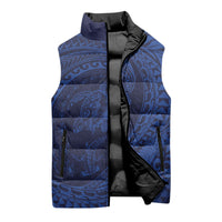 Hawaiian Turtle and Shark Sleeveless Puffer Jacket Kakau Tribal with Polynesian Pattern Blue Color