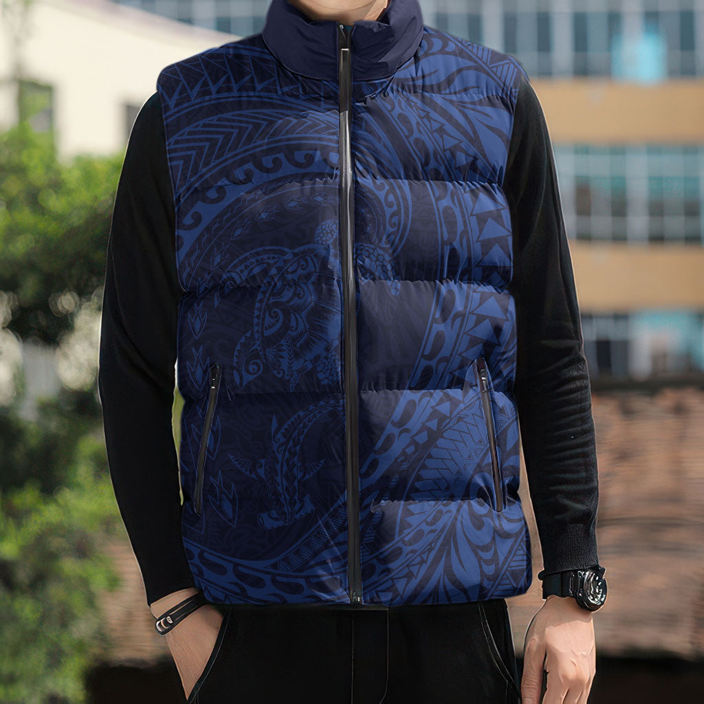Hawaiian Turtle and Shark Sleeveless Puffer Jacket Kakau Tribal with Polynesian Pattern Blue Color