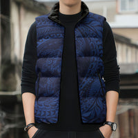 Hawaiian Turtle and Shark Sleeveless Puffer Jacket Kakau Tribal with Polynesian Pattern Blue Color