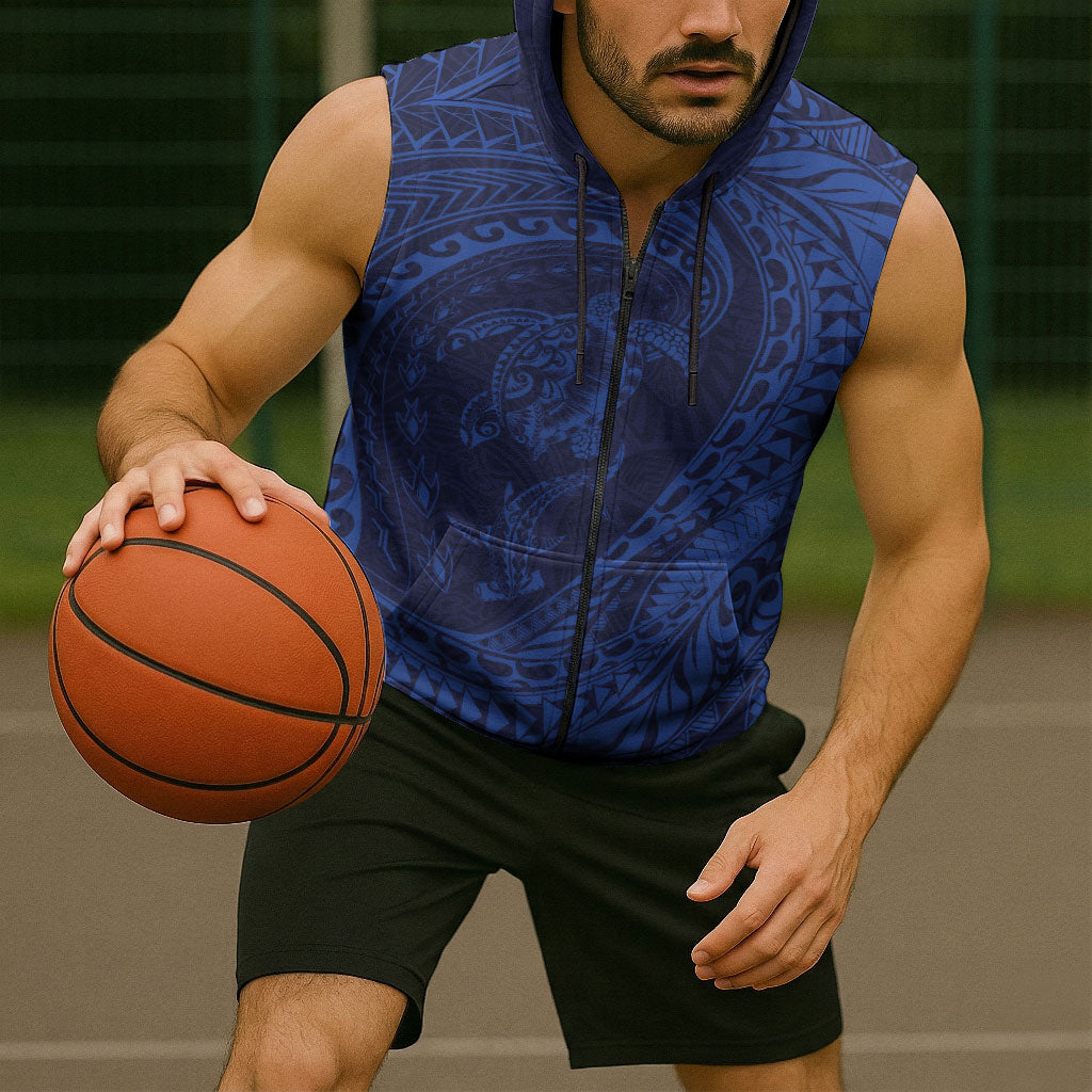 Hawaiian Turtle and Shark Sleeveless Zip Hoodie Kakau Tribal with Polynesian Pattern Blue Color