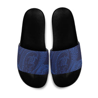 Hawaiian Turtle and Shark Slide Sandals Kakau Tribal with Polynesian Pattern Blue Color