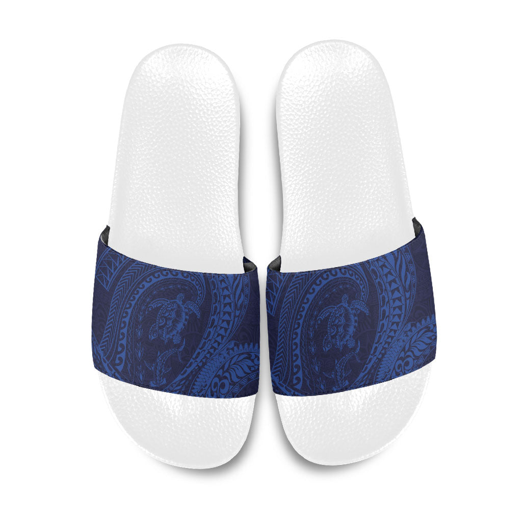 Hawaiian Turtle and Shark Slide Sandals Kakau Tribal with Polynesian Pattern Blue Color