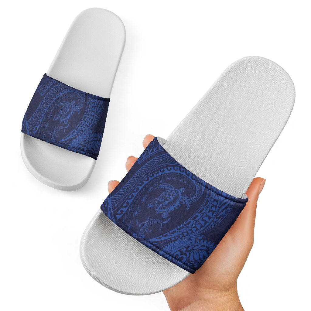 Hawaiian Turtle and Shark Slide Sandals Kakau Tribal with Polynesian Pattern Blue Color