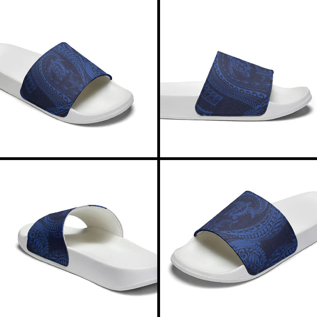 Hawaiian Turtle and Shark Slide Sandals Kakau Tribal with Polynesian Pattern Blue Color