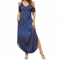Hawaiian Turtle and Shark Summer Maxi Dress Kakau Tribal with Polynesian Pattern Blue Color