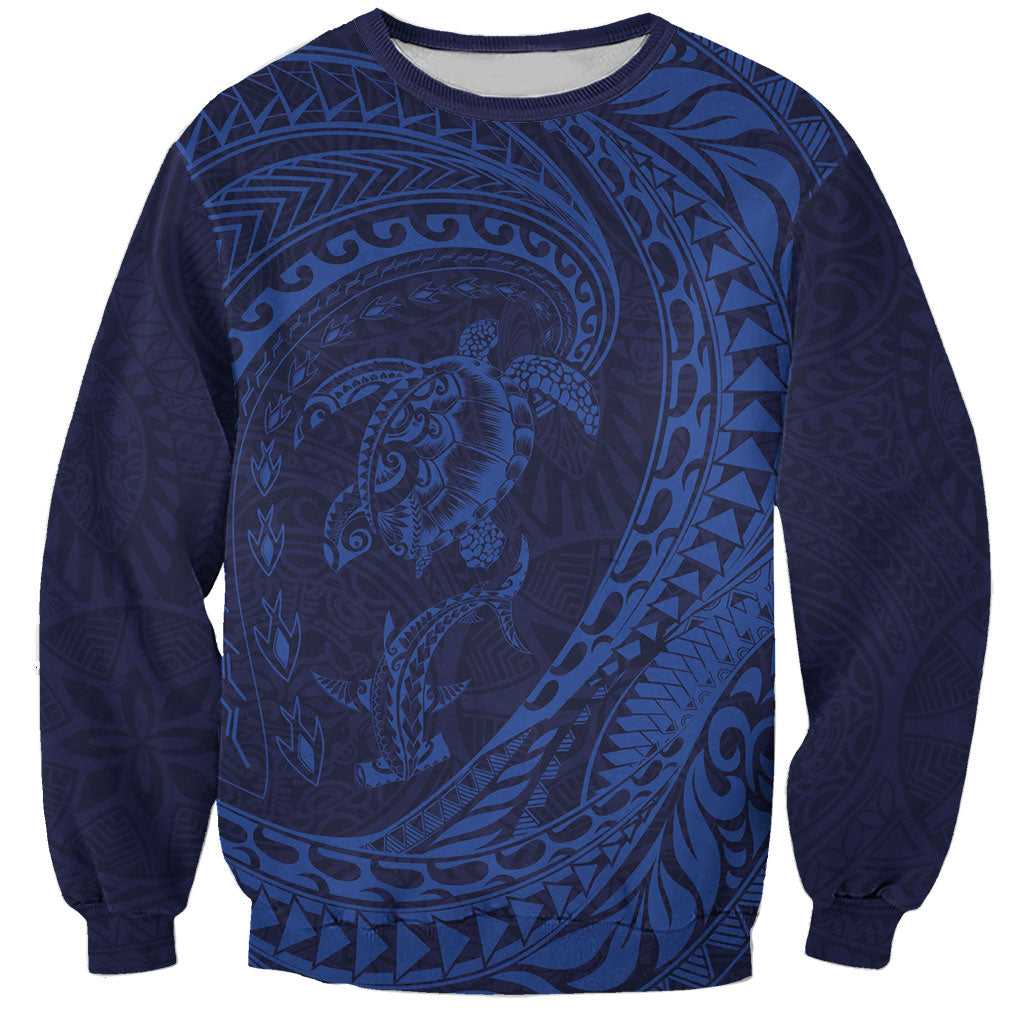 Hawaiian Turtle and Shark Sweatshirt Kakau Tribal with Polynesian Pattern Blue Color