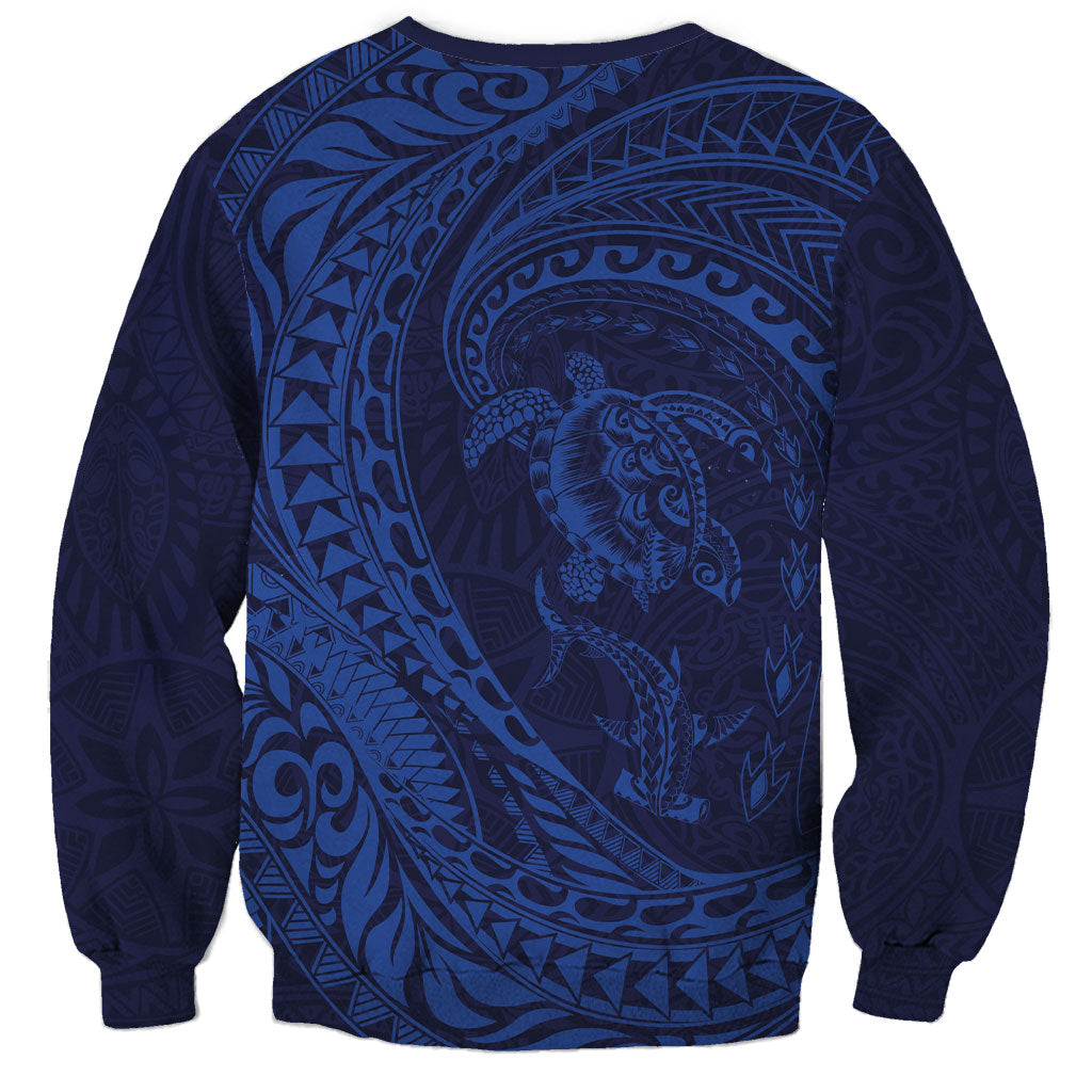 Hawaiian Turtle and Shark Sweatshirt Kakau Tribal with Polynesian Pattern Blue Color