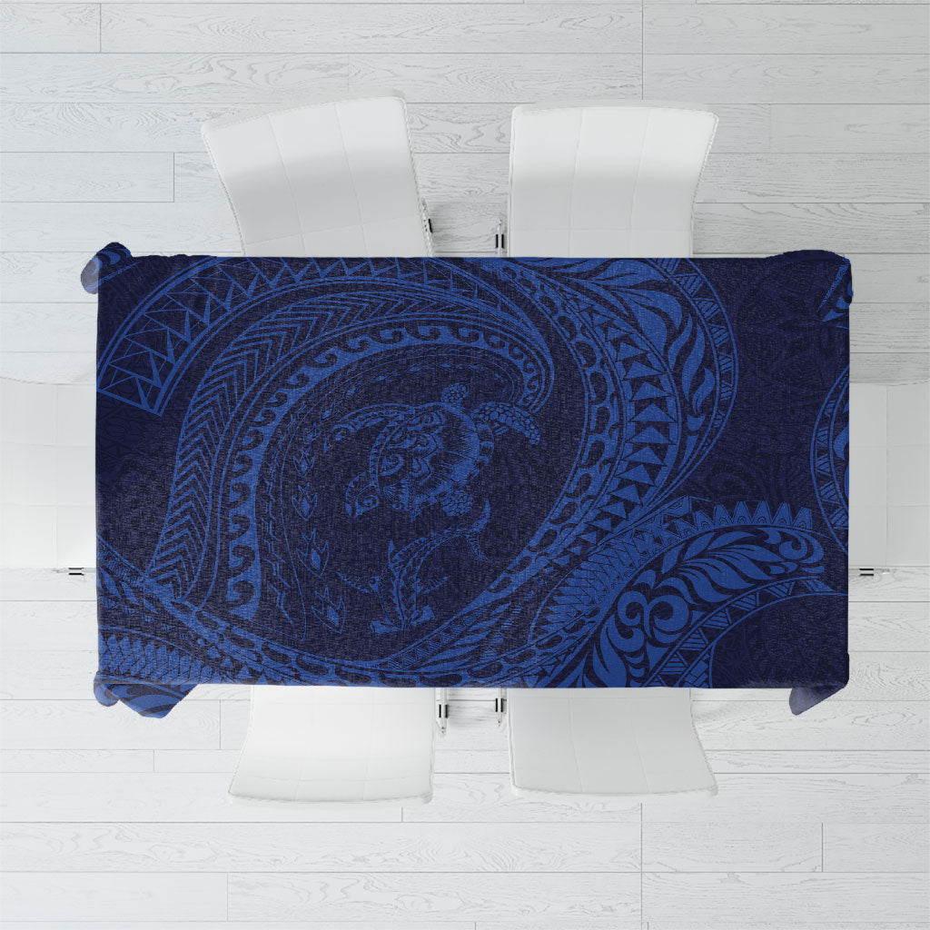 Hawaiian Turtle and Shark Tablecloth Kakau Tribal with Polynesian Pattern Blue Color