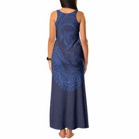Hawaiian Turtle and Shark Tank Maxi Dress Kakau Tribal with Polynesian Pattern Blue Color