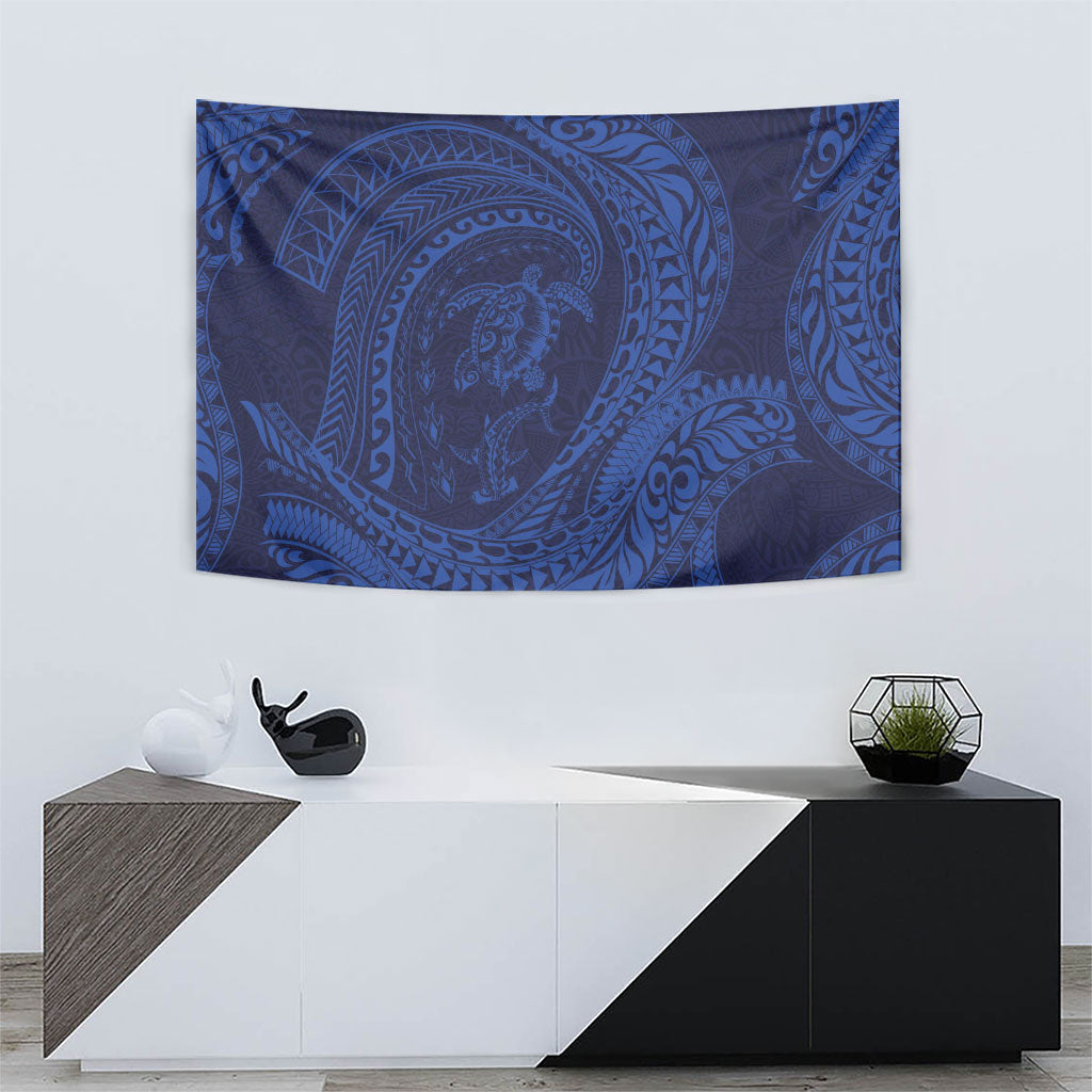 Hawaiian Turtle and Shark Tapestry Kakau Tribal with Polynesian Pattern Blue Color