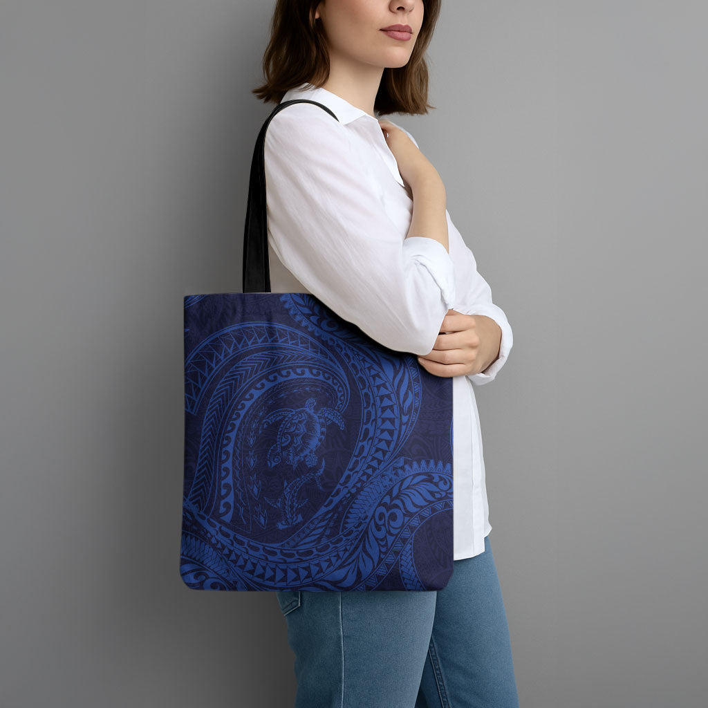 Hawaiian Turtle and Shark Tote Bag Kakau Tribal with Polynesian Pattern Blue Color
