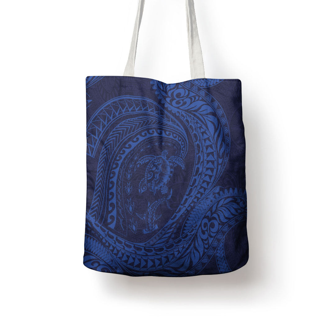 Hawaiian Turtle and Shark Tote Bag Kakau Tribal with Polynesian Pattern Blue Color
