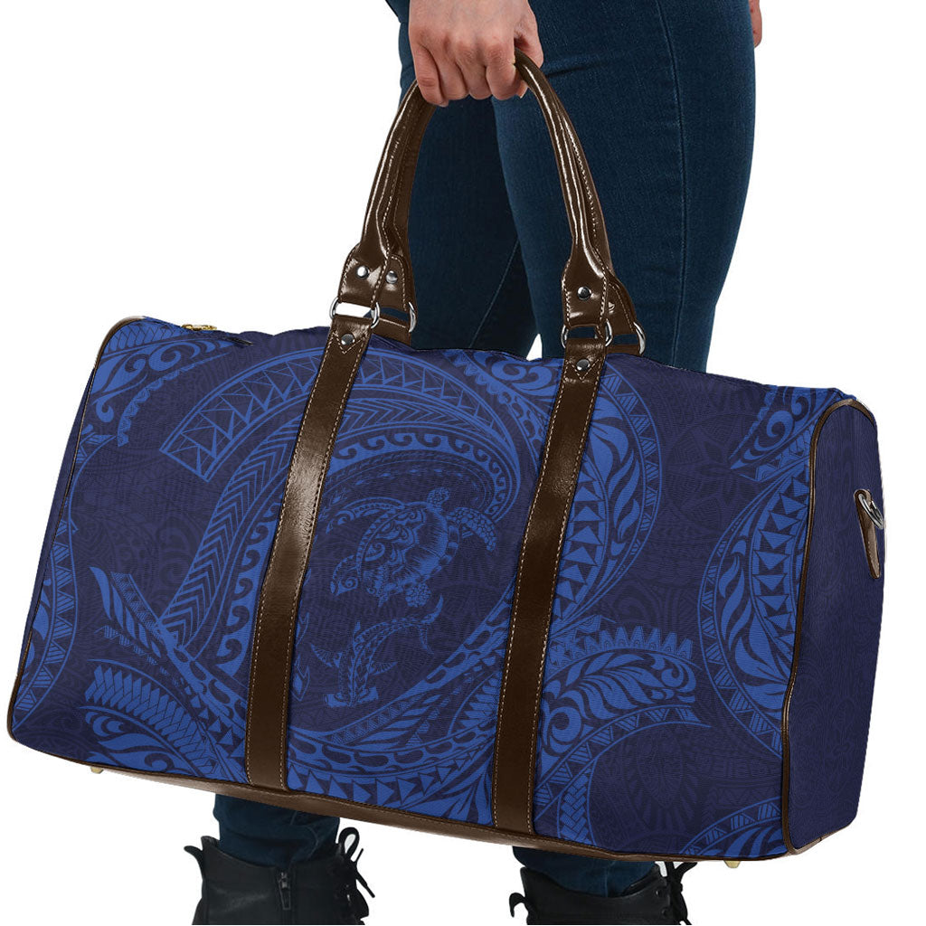 Hawaiian Turtle and Shark Travel Bag Kakau Tribal with Polynesian Pattern Blue Color