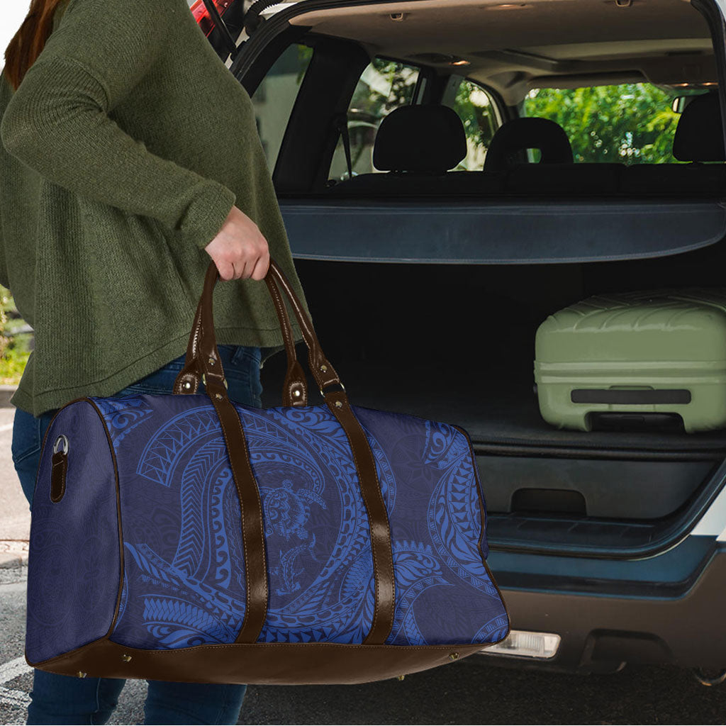 Hawaiian Turtle and Shark Travel Bag Kakau Tribal with Polynesian Pattern Blue Color