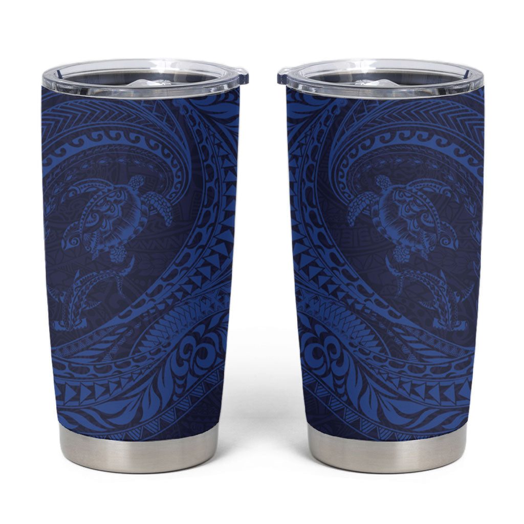 Hawaiian Turtle and Shark Tumbler Cup Kakau Tribal with Polynesian Pattern Blue Color