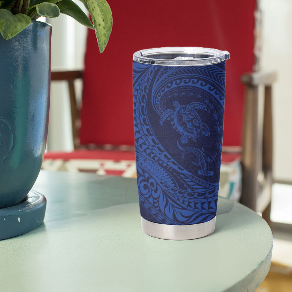 Hawaiian Turtle and Shark Tumbler Cup Kakau Tribal with Polynesian Pattern Blue Color