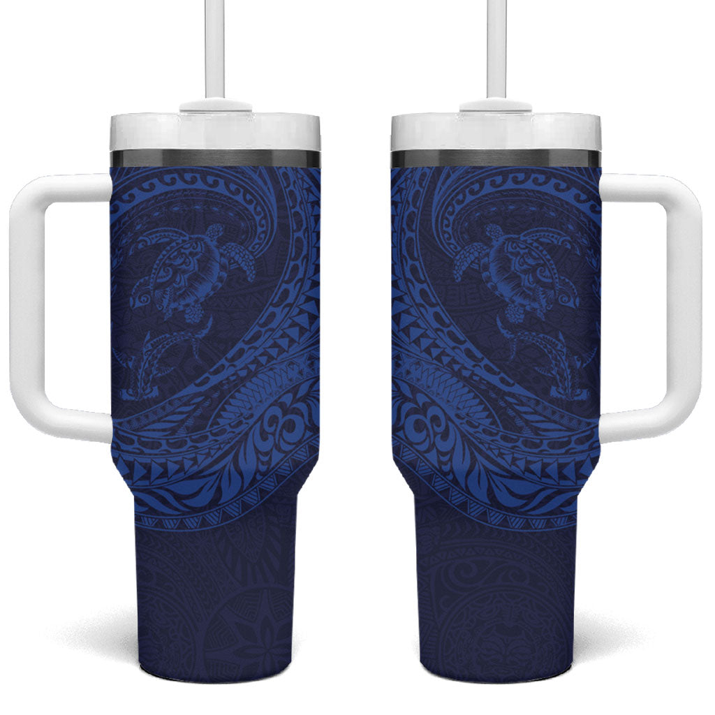 Hawaiian Turtle and Shark Tumbler With Handle Kakau Tribal with Polynesian Pattern Blue Color