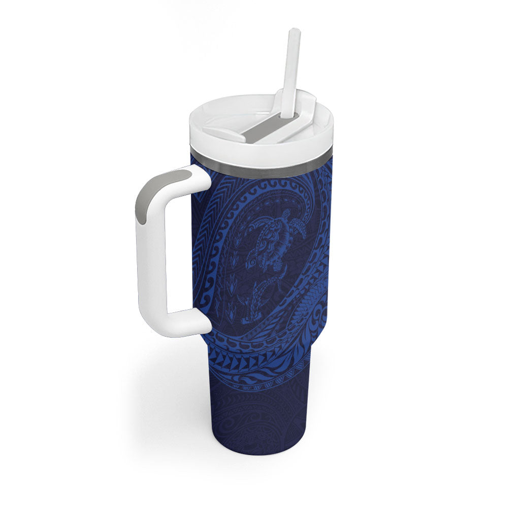 Hawaiian Turtle and Shark Tumbler With Handle Kakau Tribal with Polynesian Pattern Blue Color
