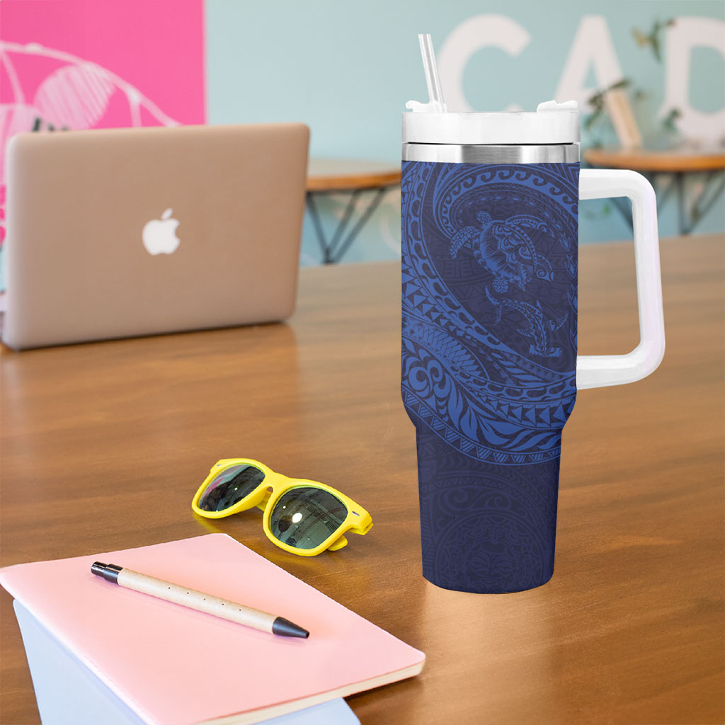 Hawaiian Turtle and Shark Tumbler With Handle Kakau Tribal with Polynesian Pattern Blue Color