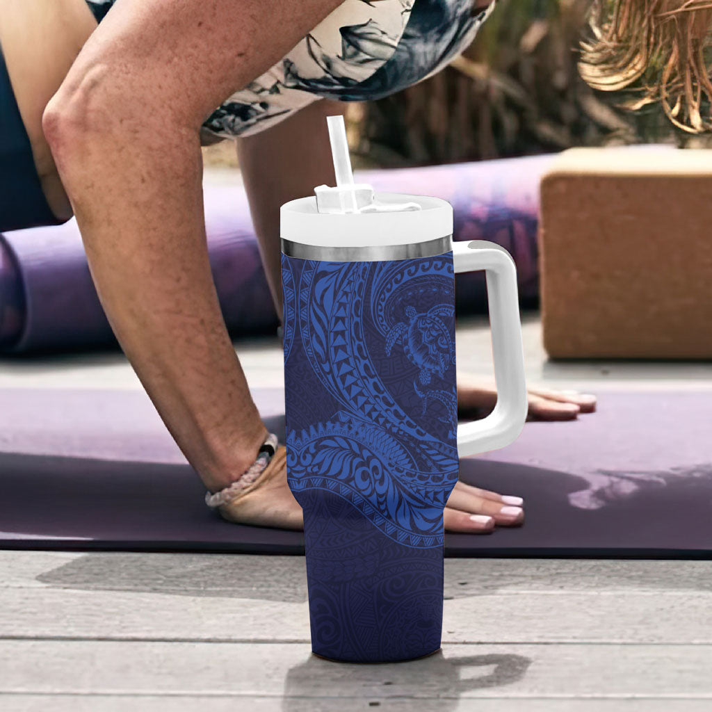 Hawaiian Turtle and Shark Tumbler With Handle Kakau Tribal with Polynesian Pattern Blue Color