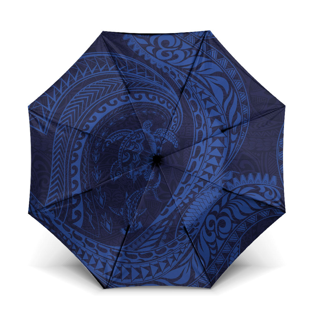 Hawaiian Turtle and Shark Umbrella Kakau Tribal with Polynesian Pattern Blue Color