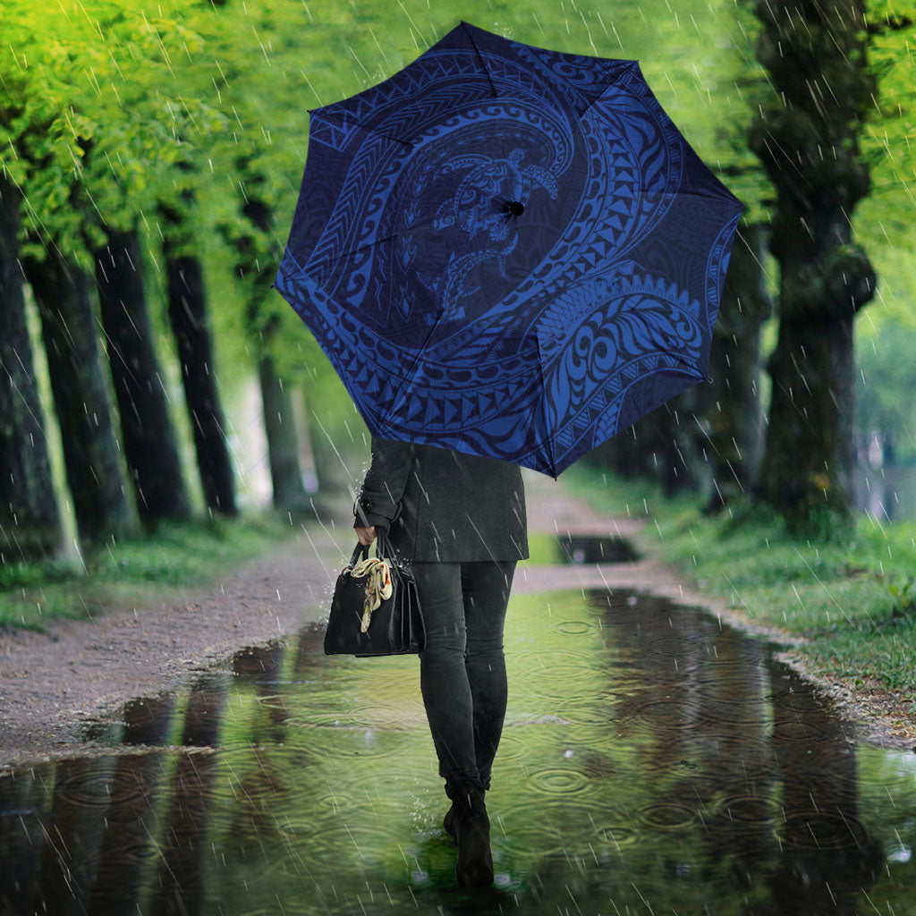 Hawaiian Turtle and Shark Umbrella Kakau Tribal with Polynesian Pattern Blue Color