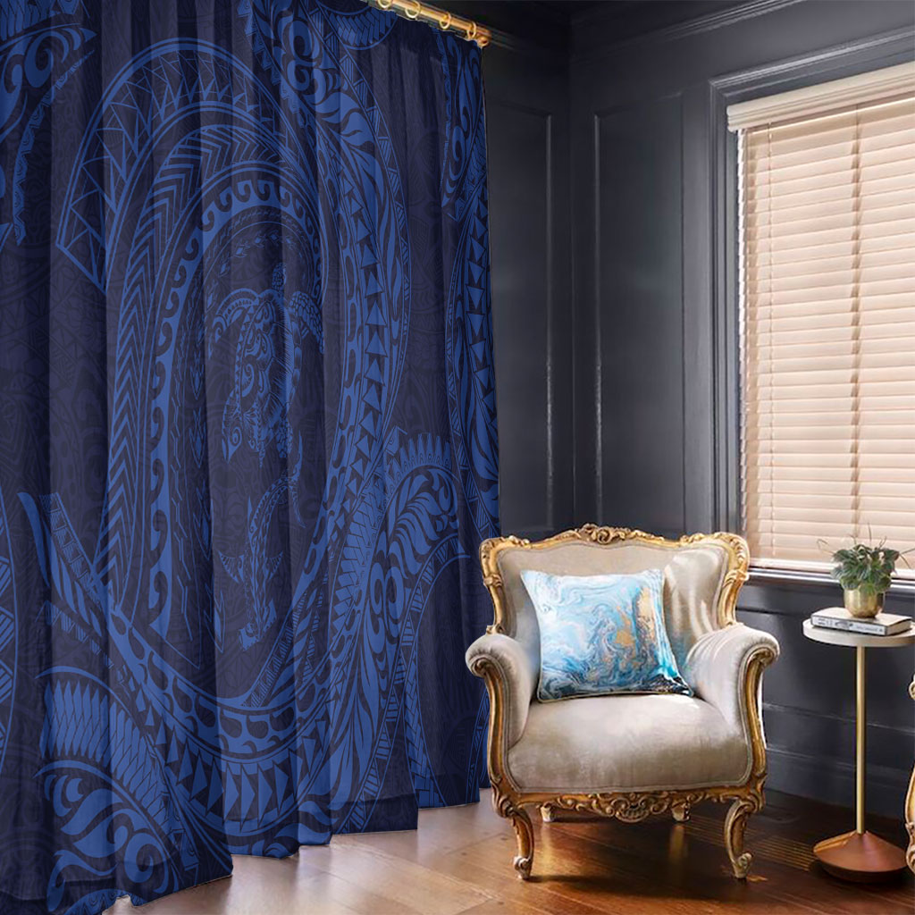 Hawaiian Turtle and Shark Window Curtain Kakau Tribal with Polynesian Pattern Blue Color
