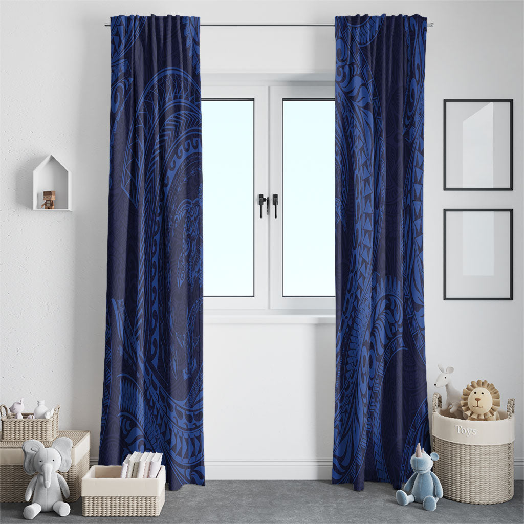 Hawaiian Turtle and Shark Window Curtain Kakau Tribal with Polynesian Pattern Blue Color