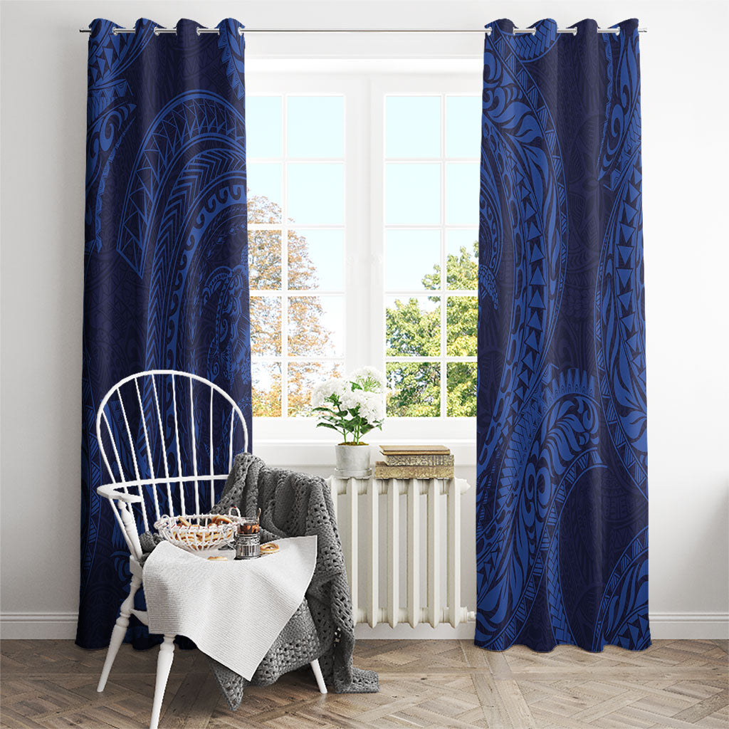Hawaiian Turtle and Shark Window Curtain Kakau Tribal with Polynesian Pattern Blue Color