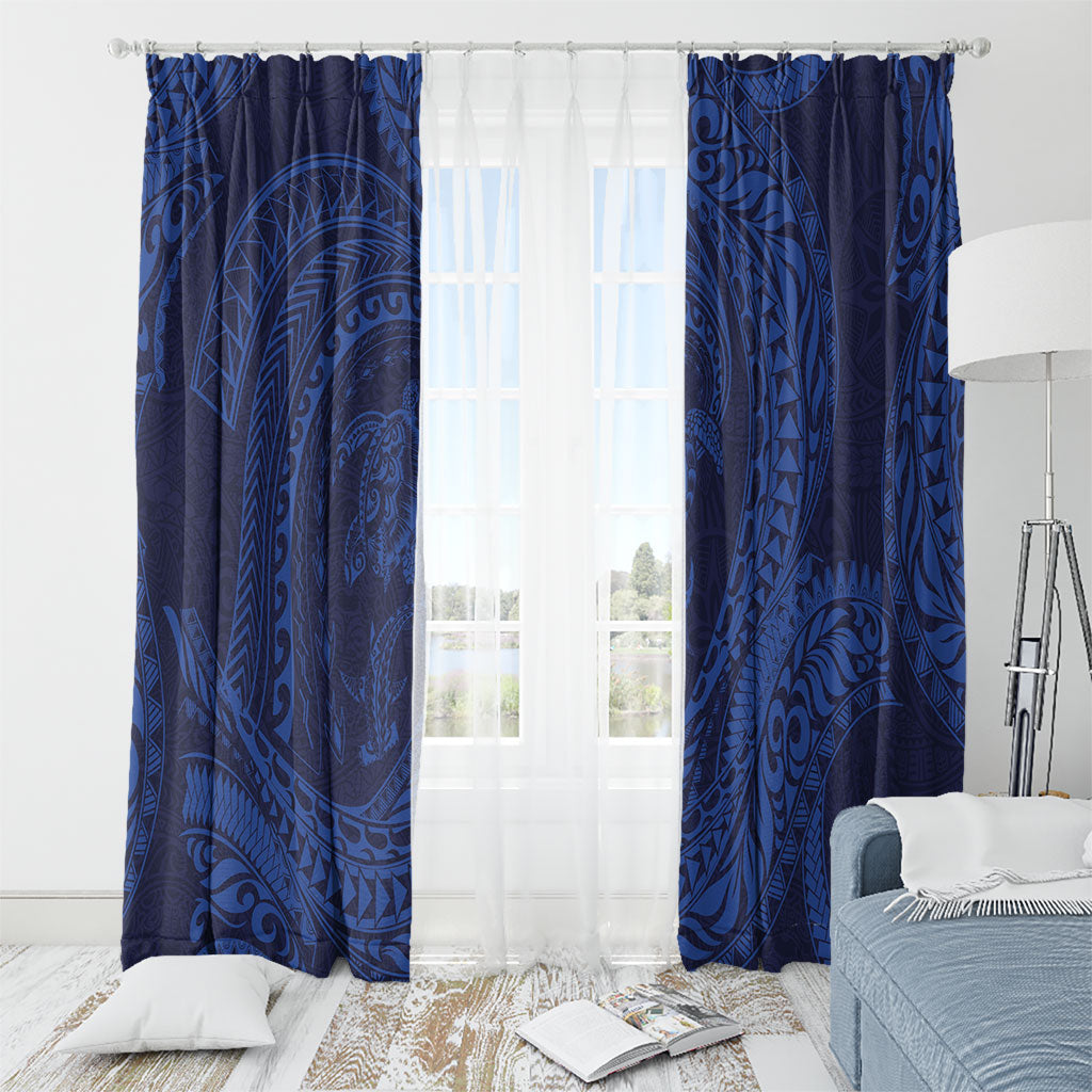 Hawaiian Turtle and Shark Window Curtain Kakau Tribal with Polynesian Pattern Blue Color