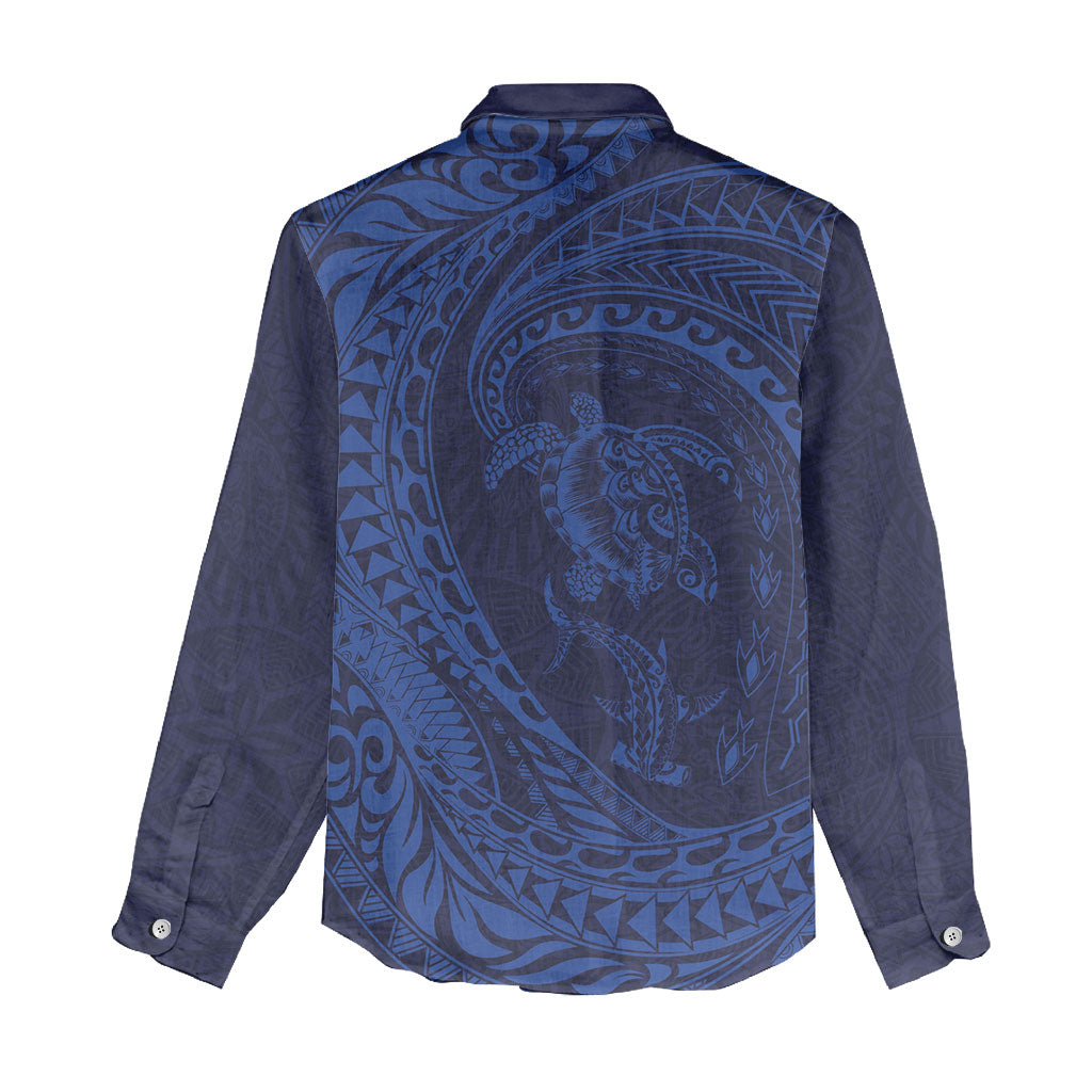 Hawaiian Turtle and Shark Women Casual Shirt Kakau Tribal with Polynesian Pattern Blue Color