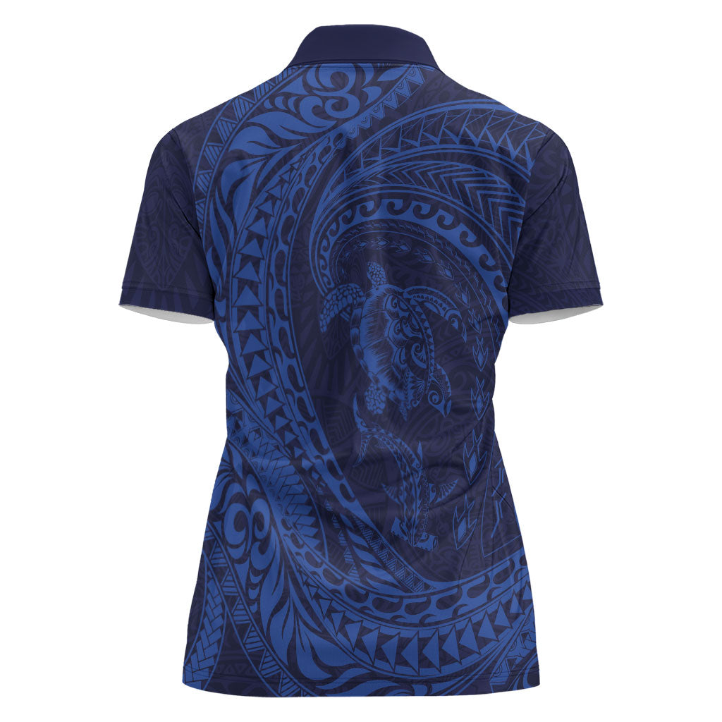 Hawaiian Turtle and Shark Women Polo Shirt Kakau Tribal with Polynesian Pattern Blue Color