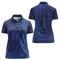 Hawaiian Turtle and Shark Women Polo Shirt Kakau Tribal with Polynesian Pattern Blue Color