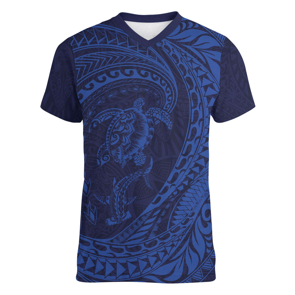 Hawaiian Turtle and Shark Women V-Neck T-Shirt Kakau Tribal with Polynesian Pattern Blue Color