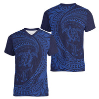 Hawaiian Turtle and Shark Women V-Neck T-Shirt Kakau Tribal with Polynesian Pattern Blue Color