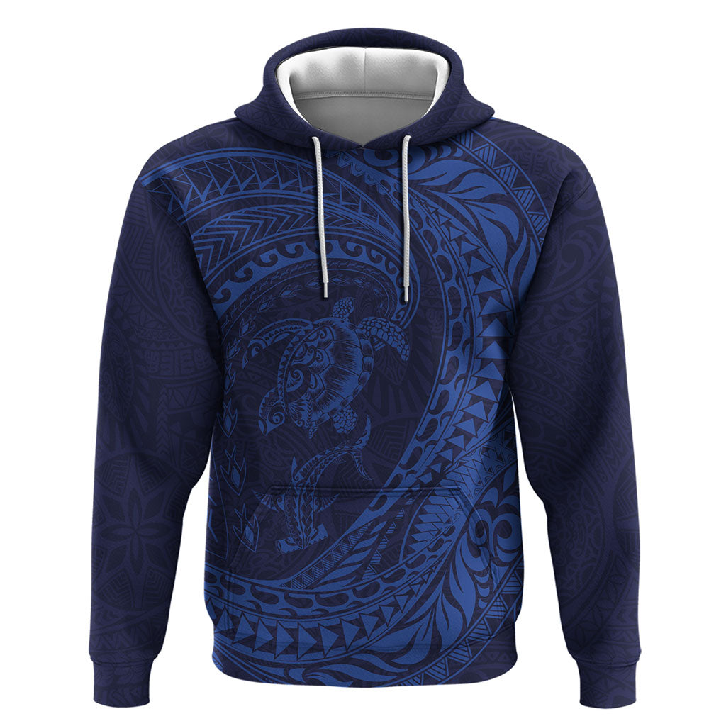 Hawaiian Turtle and Shark Zip Hoodie Kakau Tribal with Polynesian Pattern Blue Color
